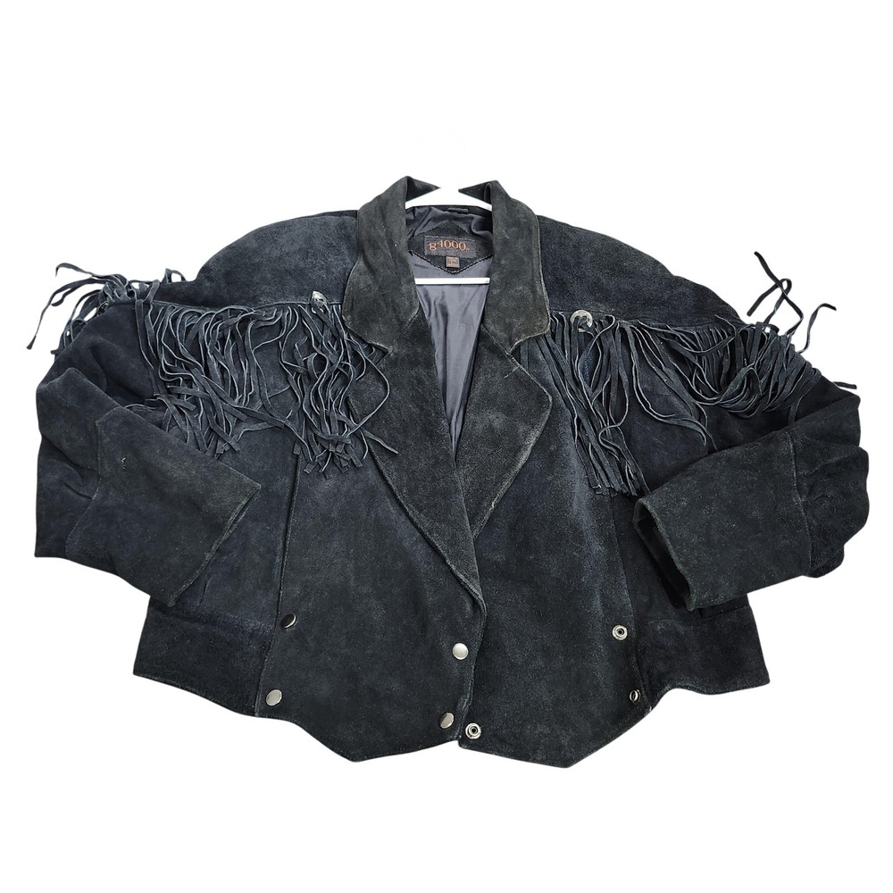 G4000 Jacket Womens Large Black Suede Fringe Biker Western Snap Front Lined